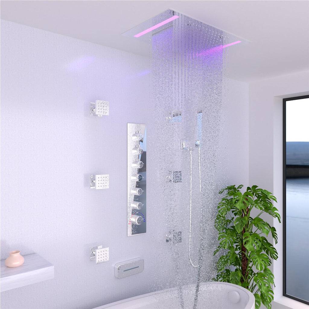 Luxury 14x20inch LED 3 Functions Rain Shower Head, High-Pressure Rainfall Spray Waterfall Shower Water Filter 3 In 1