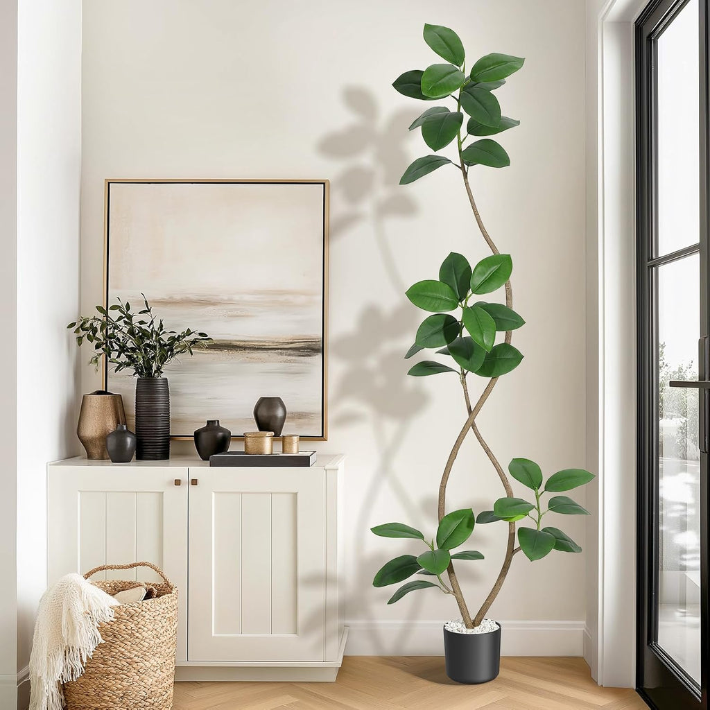 7FT Artificial Plants Rubber Tree with Black Resin Pot& White Stone Faux Fiddle Leaf Fig Tree Indoor Artificial Trees