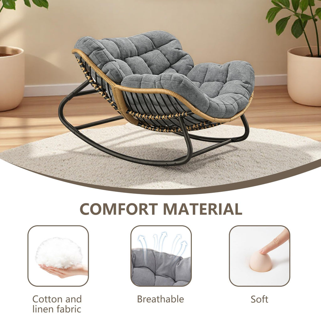 Oversized Papasan Rocking Chair with Extra Thick Cushion, Rattan Wicker Egg Chair for Indoor & Outdoor Use - Cozy