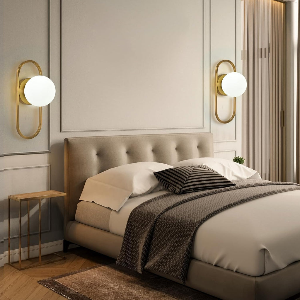 Mid Century Wall Sconces Modern Gold Vanity Wall Lamp with White Globe Lampshade Wall Light Fixture for Bathroom