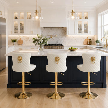 Gold Swivel Bar Stools Set of 3, Cream Velvet Seats, Adjustable Height