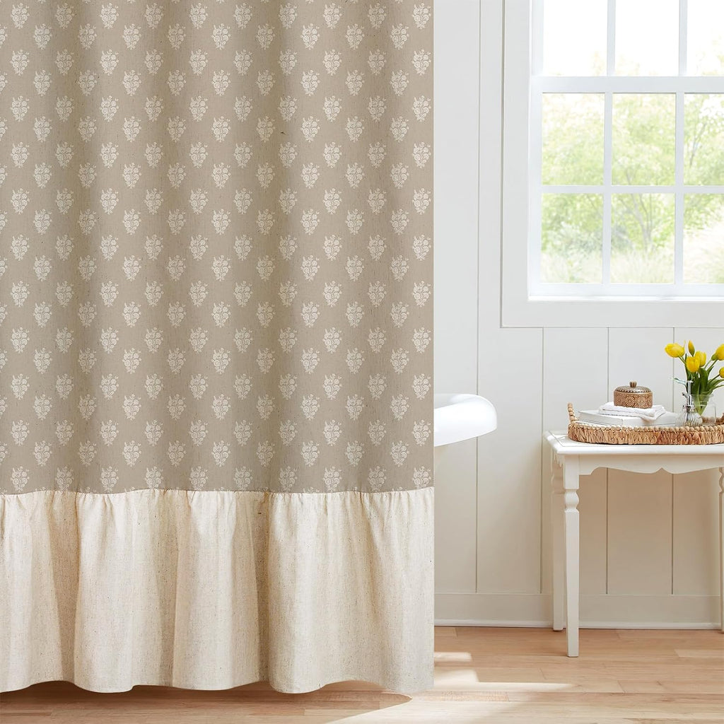 Beige Linen Textured Ruffle Shower Curtain - Vintage Floral Block Print,Boho Cottagecore Farmhouse French Country