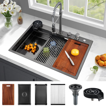 33x22 Inch with Waterfall Faucet Combo, Nano PVD Black 16 Gauge Stainless Steel Workstation, Scratch Resistant Single