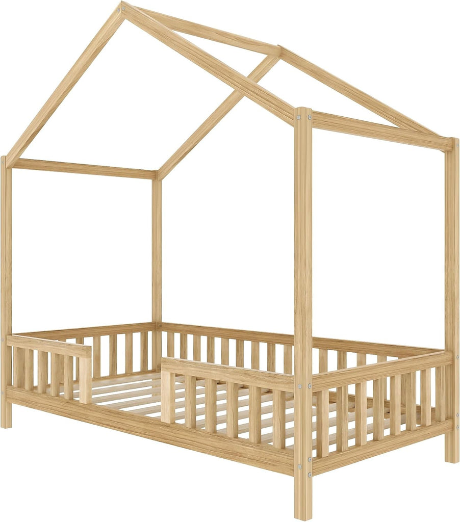 Tw Bed for Kids with High Rails, Montessori Floor Beds Twin with Roof & Canopy, Wood House Bed Frame for Boys Girls