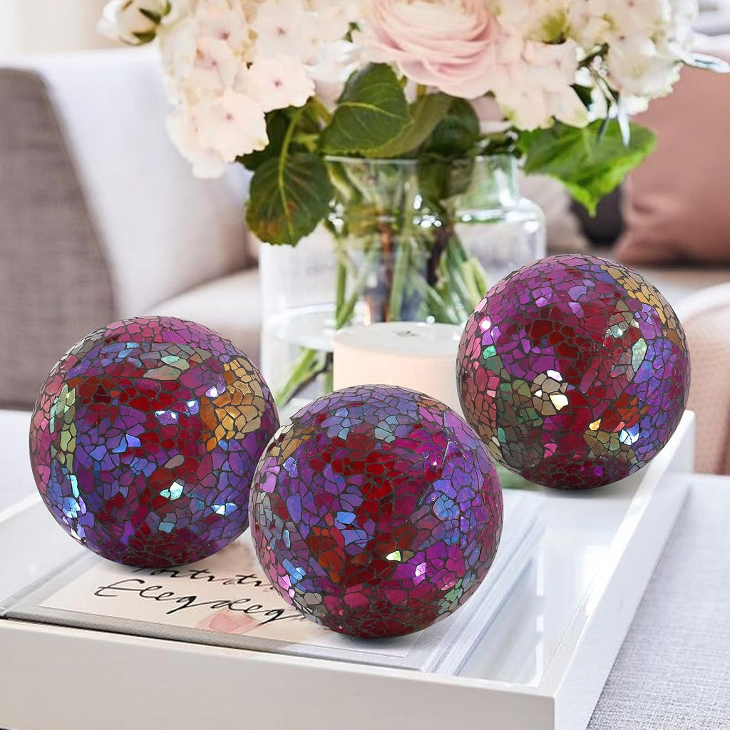 Mosaic Glass Orbs Decorative Balls 8.5cm/3.35inch Sphere Wedding Party Home Decor Table Centerpiece (Colorful - Set of 3
