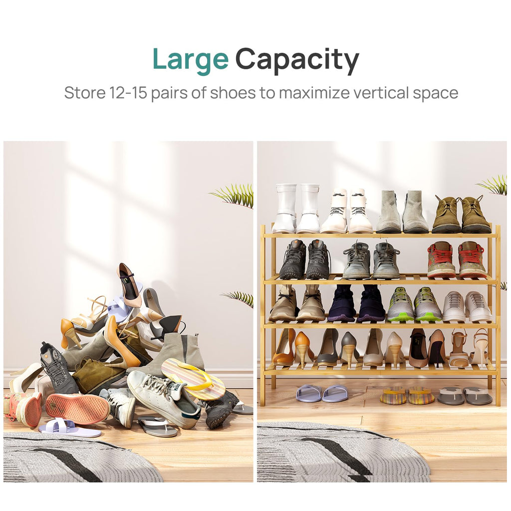Shoe Rack, 4-Tier Long Shoe Rack, Bamboo Wood Shoe Shelf for Closet & Hallway, Long 33IN | Beautiful | Functional