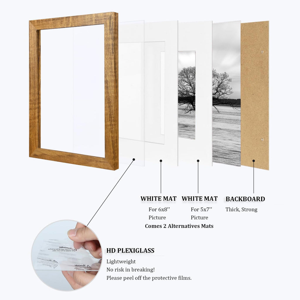 9x12 Picture Frames 4PCS Covered by Plexiglass, Solid Wood Frames for Pictures 5x7/6x8 with Mat or 9x12 without Mat
