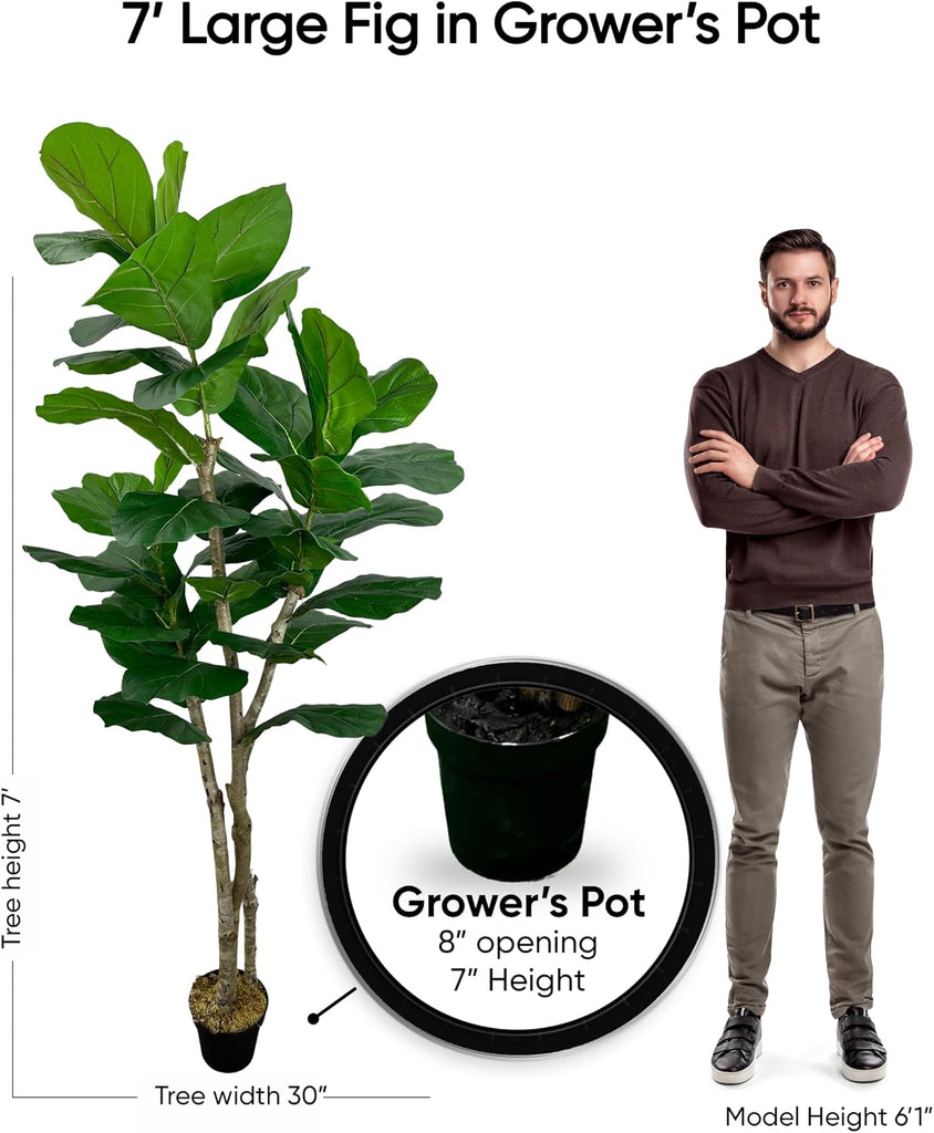 Handmade 7ft Oversized Fiddle Leaf Fig Ficus Lyrata Artificial Tree with Ethically Sourced Real Wood Trunks