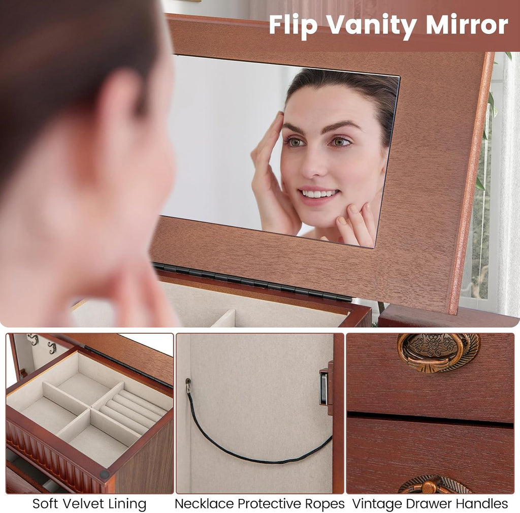 Jewelry Armoire, Wooden Jewelry Chest Storage Cabinet w/7 Drawers & 2 Swing Doors, 12 Necklace Hooks, Makeup Mirror &