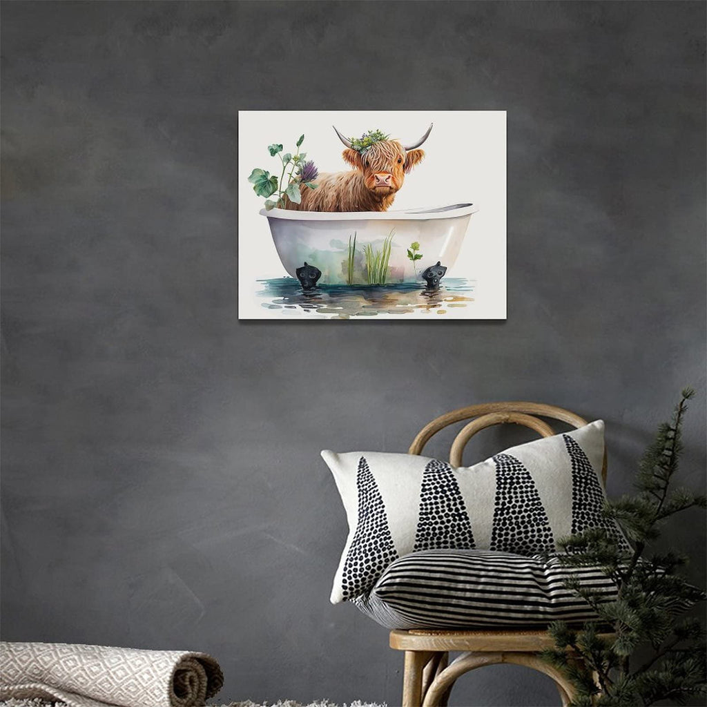 Highland Cow Bathroom Wall Art Longhorn Cow Bathtub Wall Decor Farmhouse Botanical Animals Bathroom Pictures Canvas