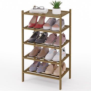 Bamboo Shoe Rack, 5 Horizontal Slats, 5 Tier - 17.3" Wide, Walnut
