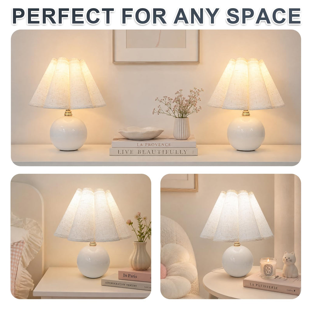 Small Ceramic Table Lamp, 11.5'' Cute Scalloped Lamp (White)