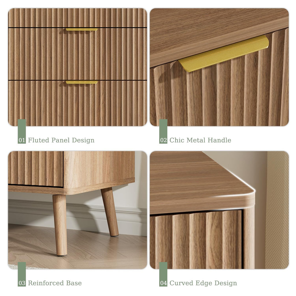 55" Wide Fluted Dresser with 6 Drawer, Modern Chest of Drawers with Curved Profile Design and Metal Handles, Wood