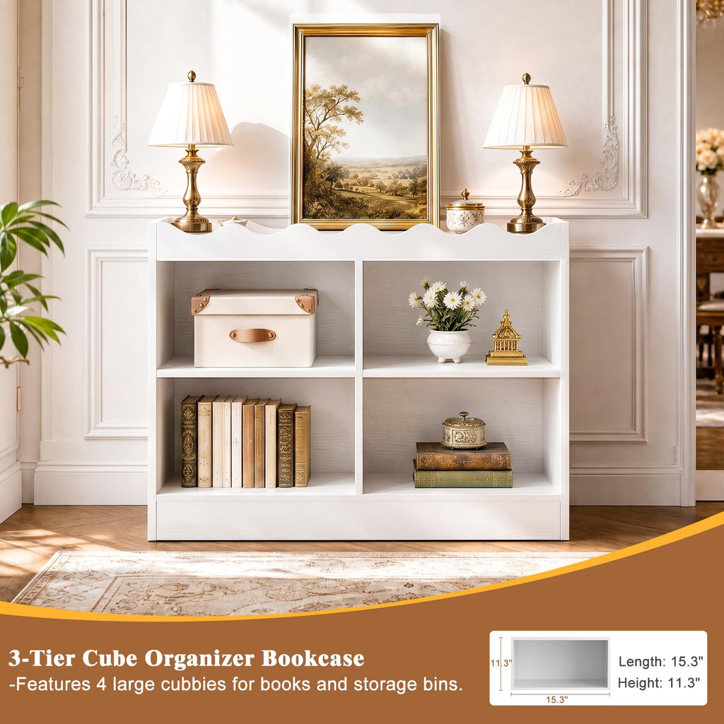 Scalloped 4 Cube Storage Organizer, 3-Tier Short Cube Bookshelf 32"