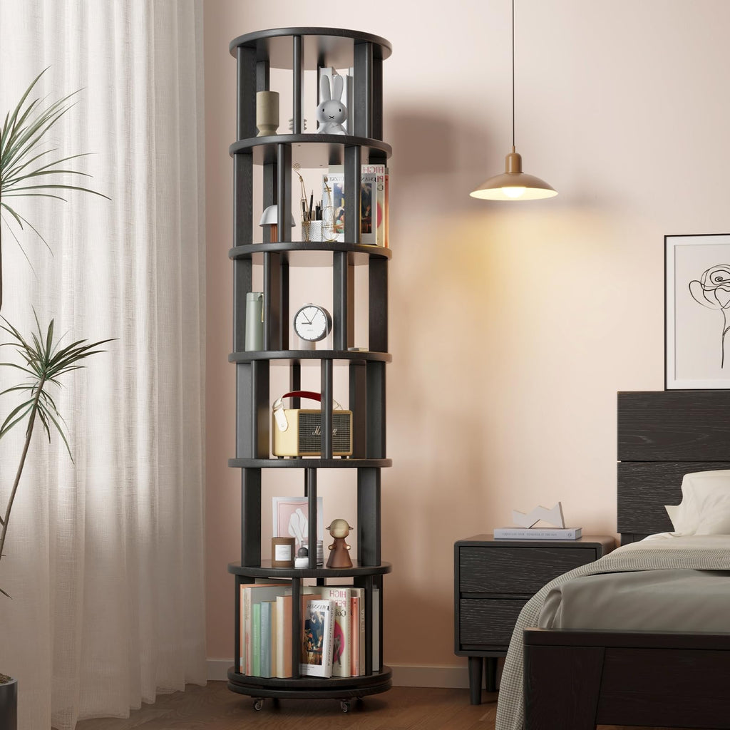 6 Tier Solid Wood Rotating Bookshelf Tower on Wheels, Black