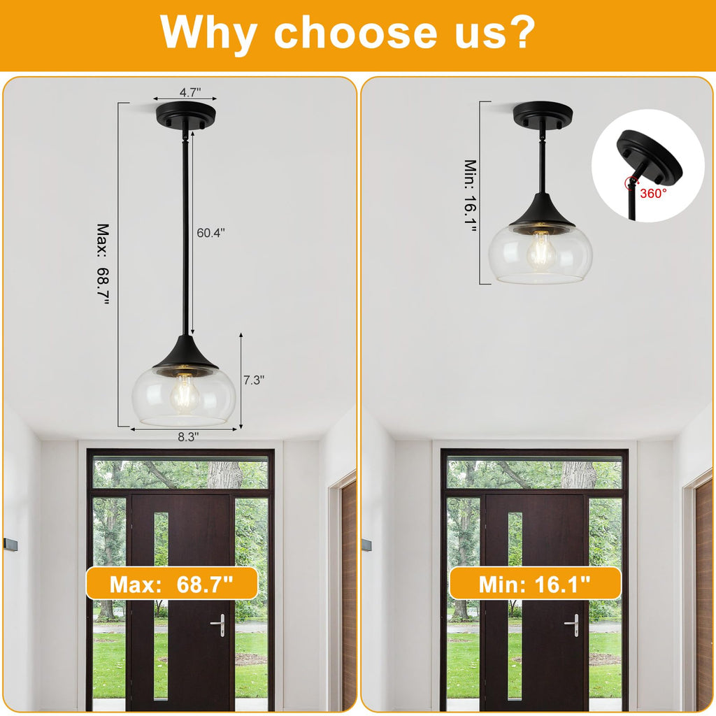 2 Pack Pendant Lights Kitchen Island, Modern Black Pendant Light Fixtures with 8.5" Clear Glass Shade, Industrial