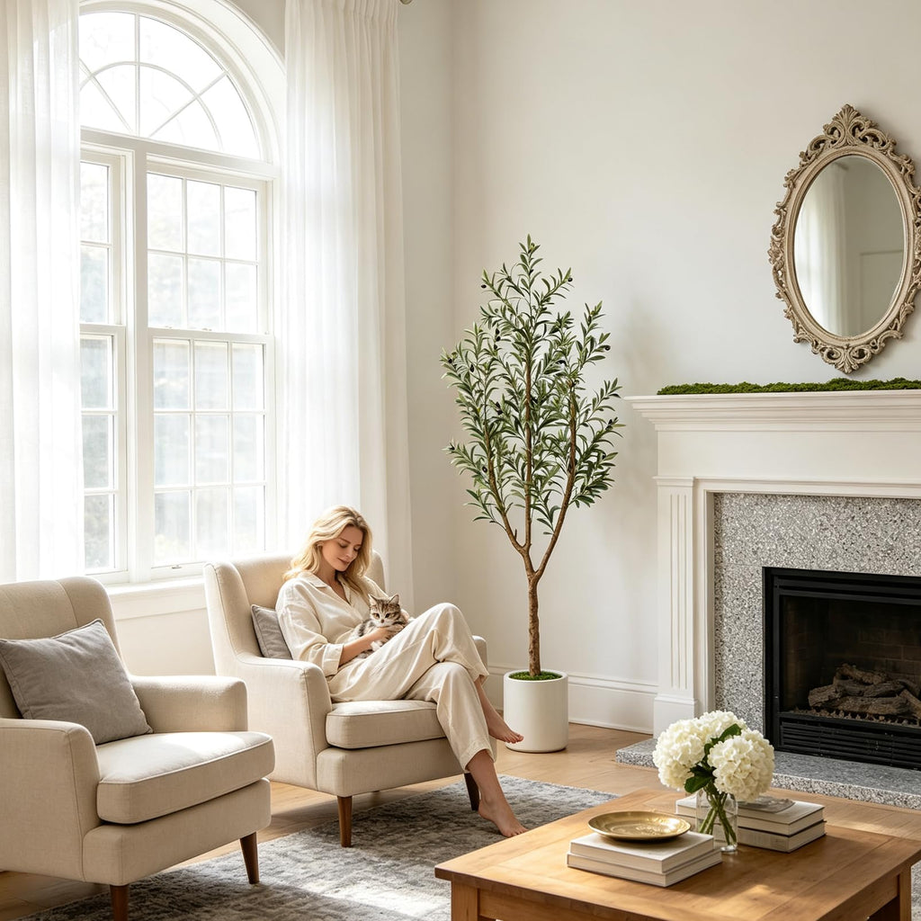 Olive Trees Artificial Indoor: 6FT Faux Olive Tree with White Tall Planter & Moss, Large Fake Plants with Natural