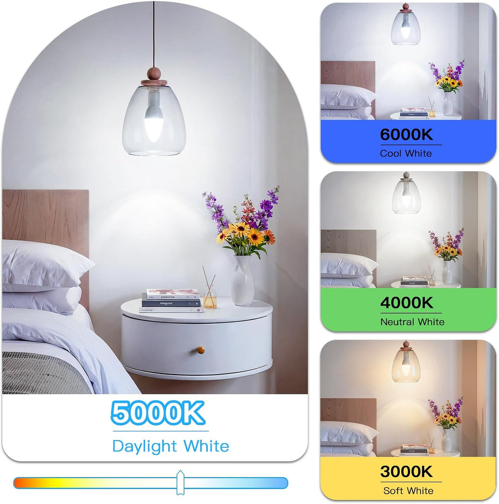 E12 LED Candelabra Light Bulbs 60W Equivalent, 6W 5000K Daylight White, 600LM 85+ CRI Chandelier Bulbs, B11 Candle