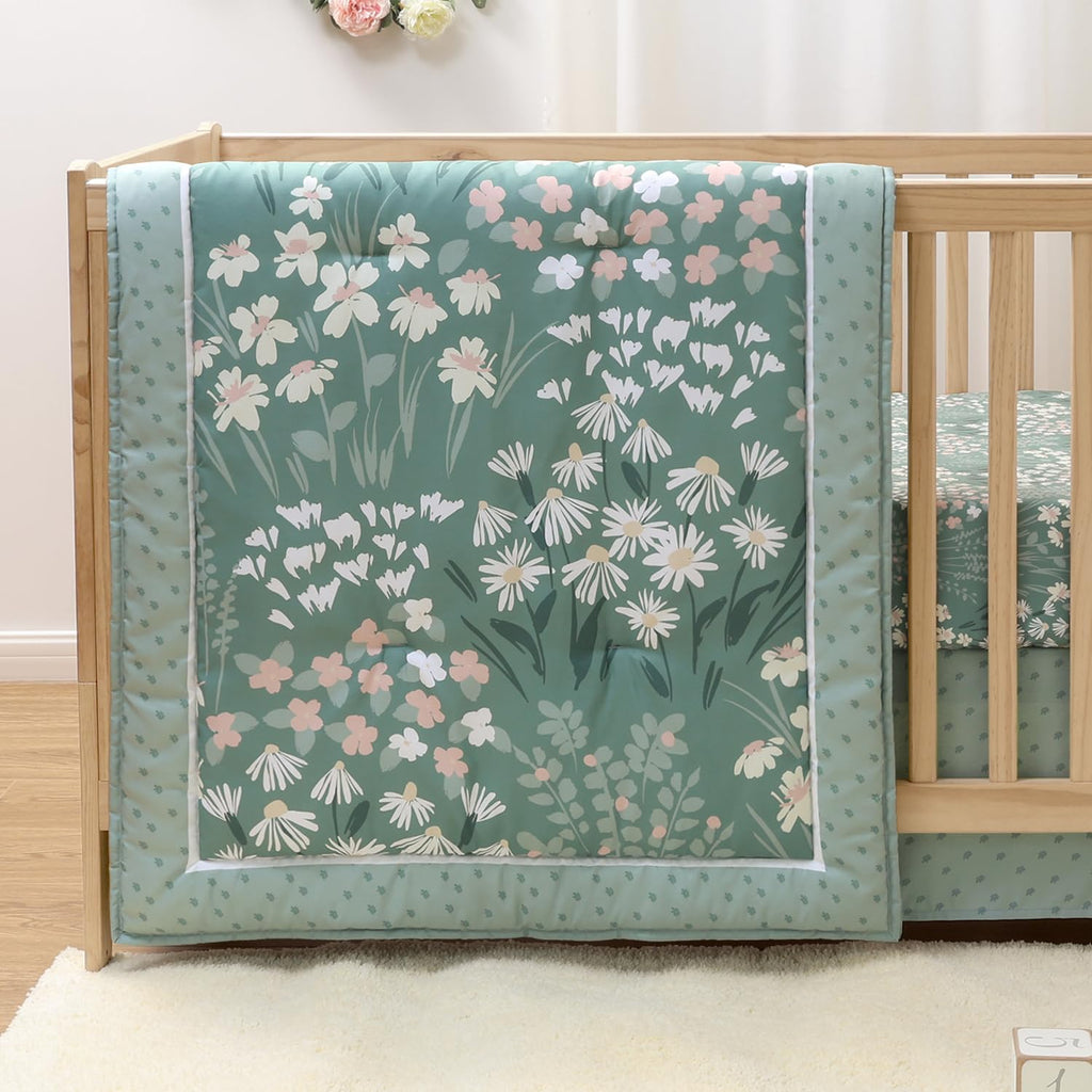 Sage Meadow 3-Piece Baby Girl Crib Bedding Set - Botanical Nursery Quilt Comforter, Sheet & Skirt - Floral Baby Crib