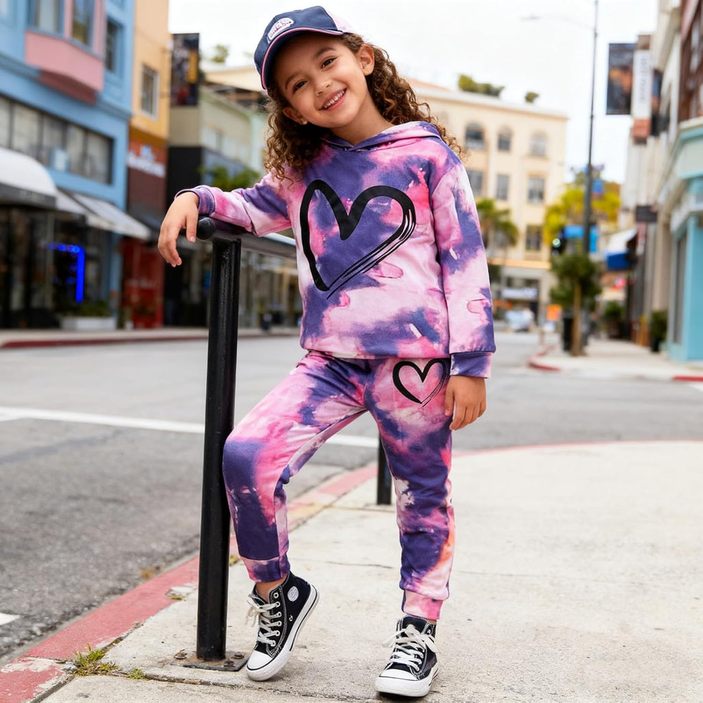 Toddler Baby Girls Clothes Long-sleeve Tie Dye Hoodie Pullover and Sweatpants Heart Print Hooded Outfits Set