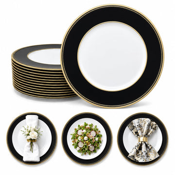 Modern Black Charger Plates Set of 12-13in Gold Beaded Rim Chargers for Dinner Plates- Heavy Duty Round Plastic Plate