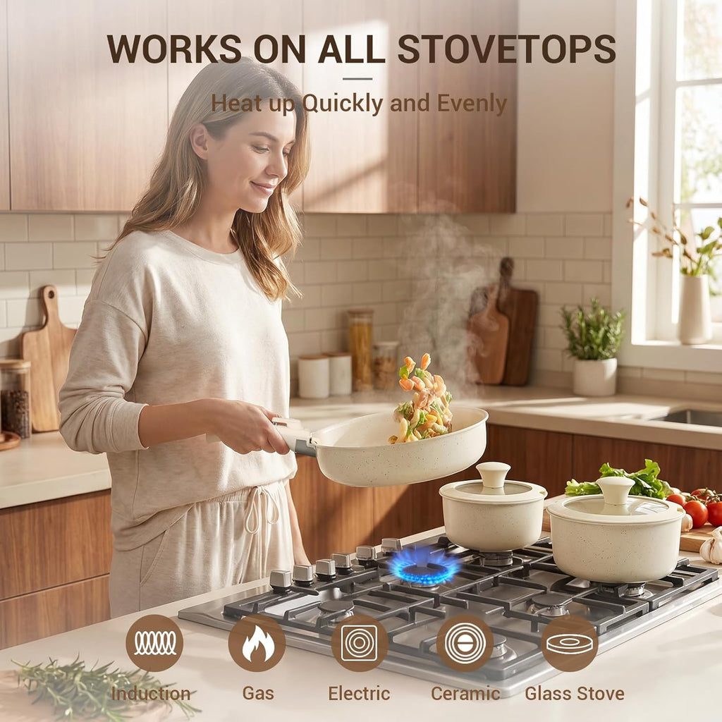 Pots and Pans Set Non Stick, Ceramic Cookware Set with Removable Handles, Stackable Space Saving Kitchen Set