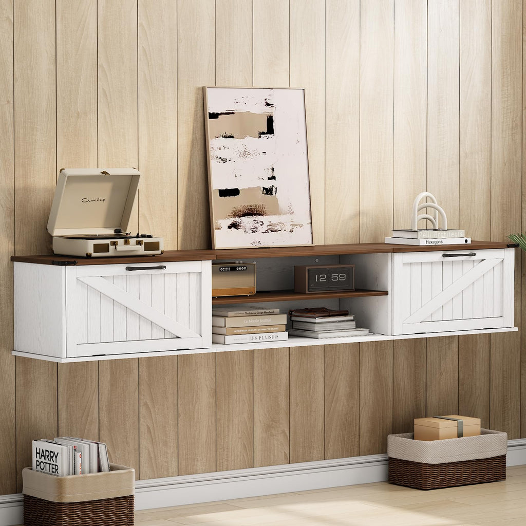 70" Farmhouse Floating TV Stand with Filp Doors for TVs up to 90", White