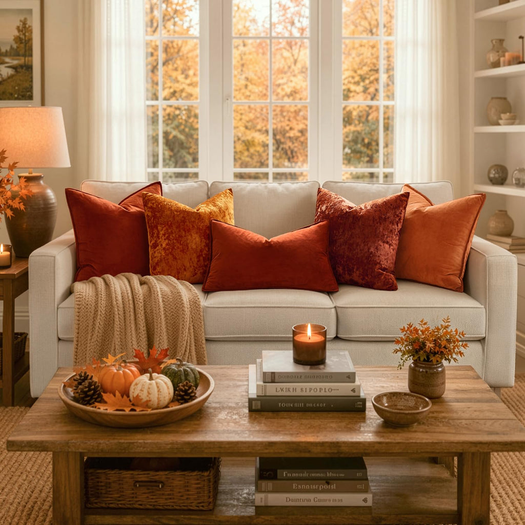 Fall Decorative Orange Velvet Throw Pillow Covers for Couch 20x20 in
