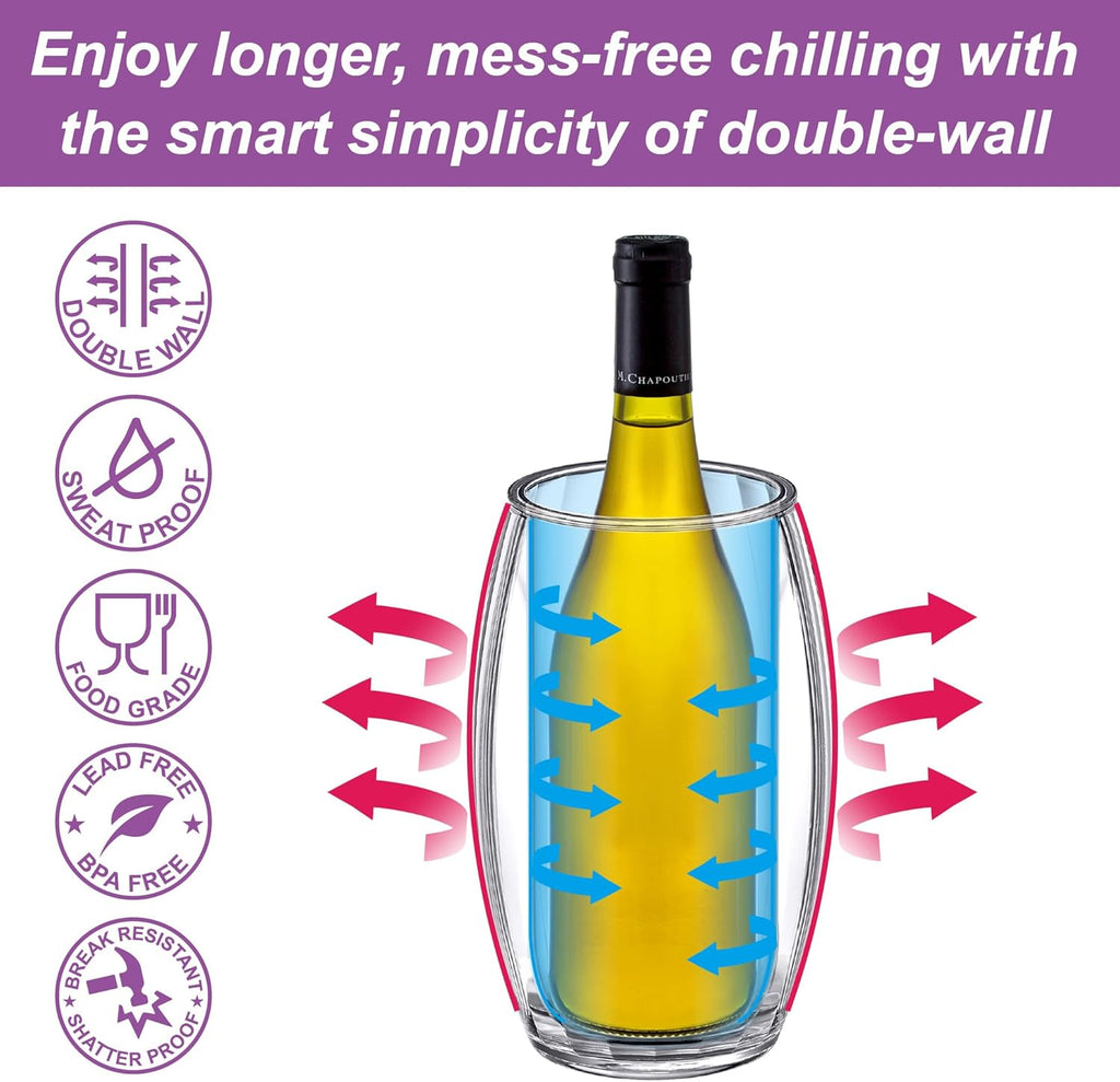 VinoLux - Acrylic Double-Wall Wine Chiller Bucket, Clear Plastic Insulated Champagne Cooler, Sweat-Free and Iceless