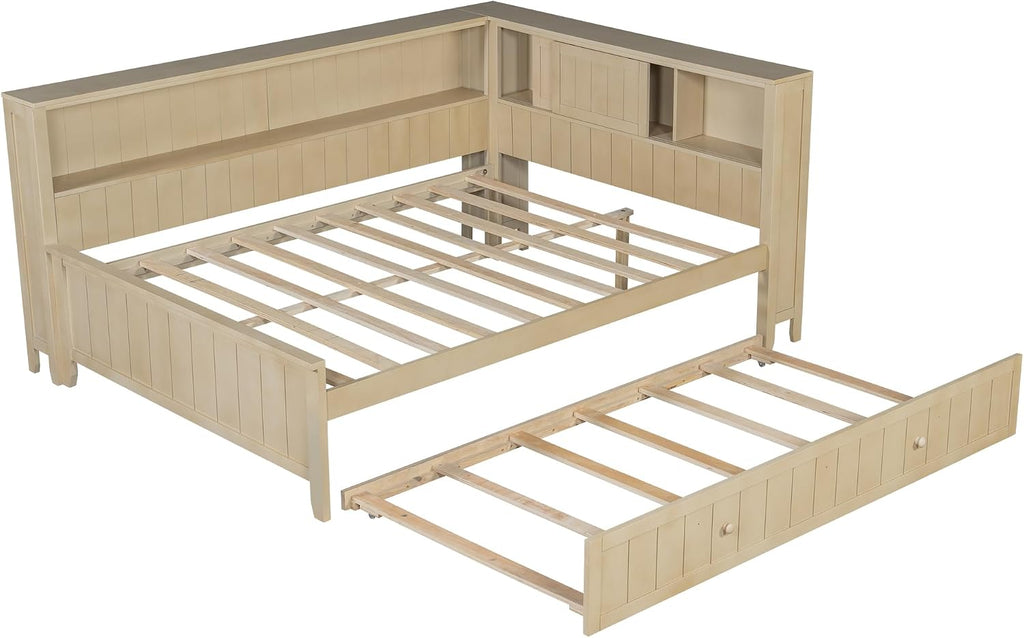 Full Size Daybed with Trundle and Shelves, Wood Corner Bed Frame with Bookcase and Headboard