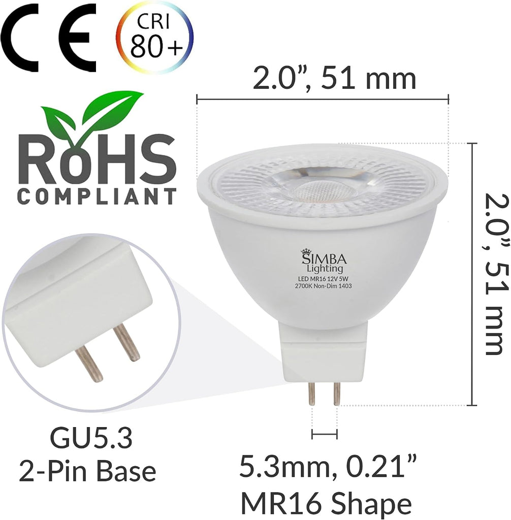 LED MR16 5W 12V Light Bulb, GU5.3 Bipin Base, 2700K, 10 Pack