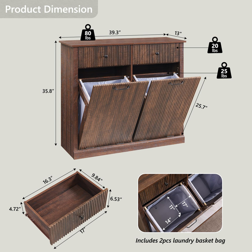 Double Tilt Out Laundry Hamper Cabinet, Modern Trash Cabinet, Brown