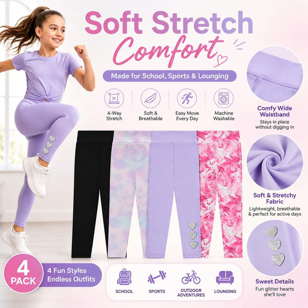 Girls 4 Pack Leggings Set, Exercise, Sports Tights with Wide Waistband for Girls