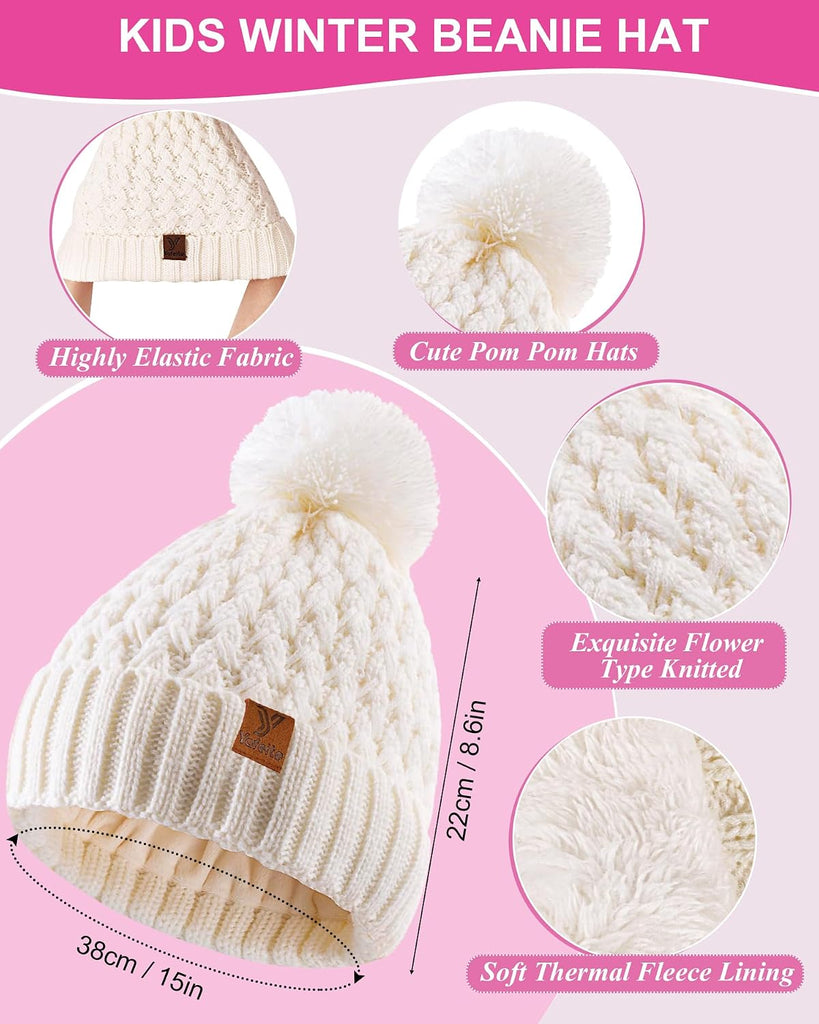 Kids Winter Hat Gloves Scarf Set, Girls Boys Toddler Winter Hat Beanie Pom Knitted Scarves Mittens Fleece Lined Age