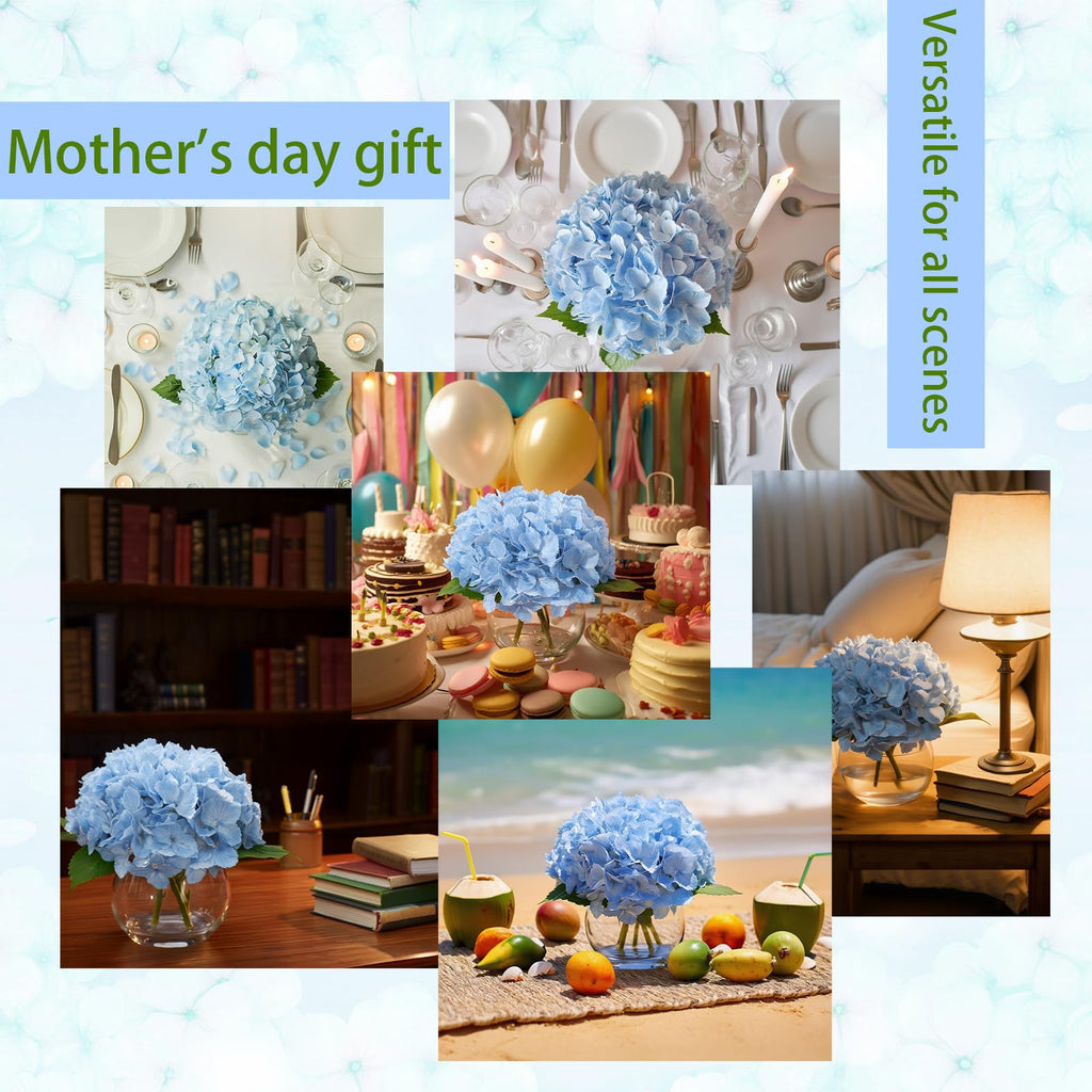 Blue Artificial in Glass Vase with Faux Water, 3 Stems Lifelike Fake Floral Arrangement, UV-Resistant Odorless