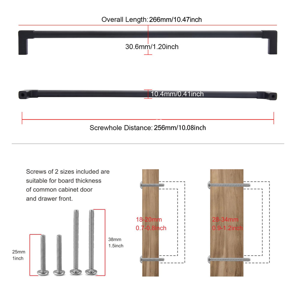 5 Pack Classic Solid Cabinet Handles-10.08"/256mm Screw Spacing Matte Black Furniture Hardware Handles Dresser