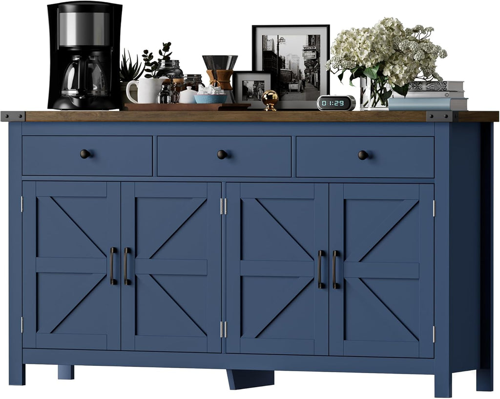 63" Sideboard Buffet Cabinet with Storage, Coffee Bar with 3 Drawers and 4 Barn Doors