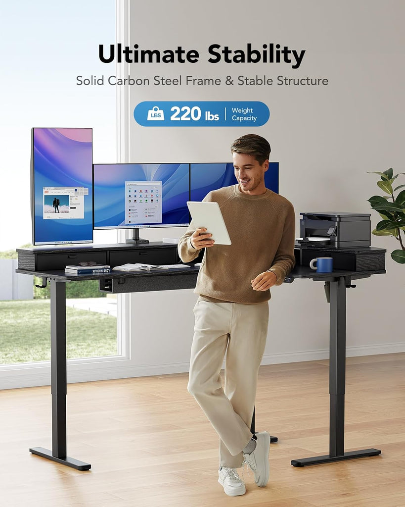 65′′ L Shaped Standing Desk with 3 Drawers, Adjustable, Black | Built-in Power Outlets, LED Strip, Smooth Electric