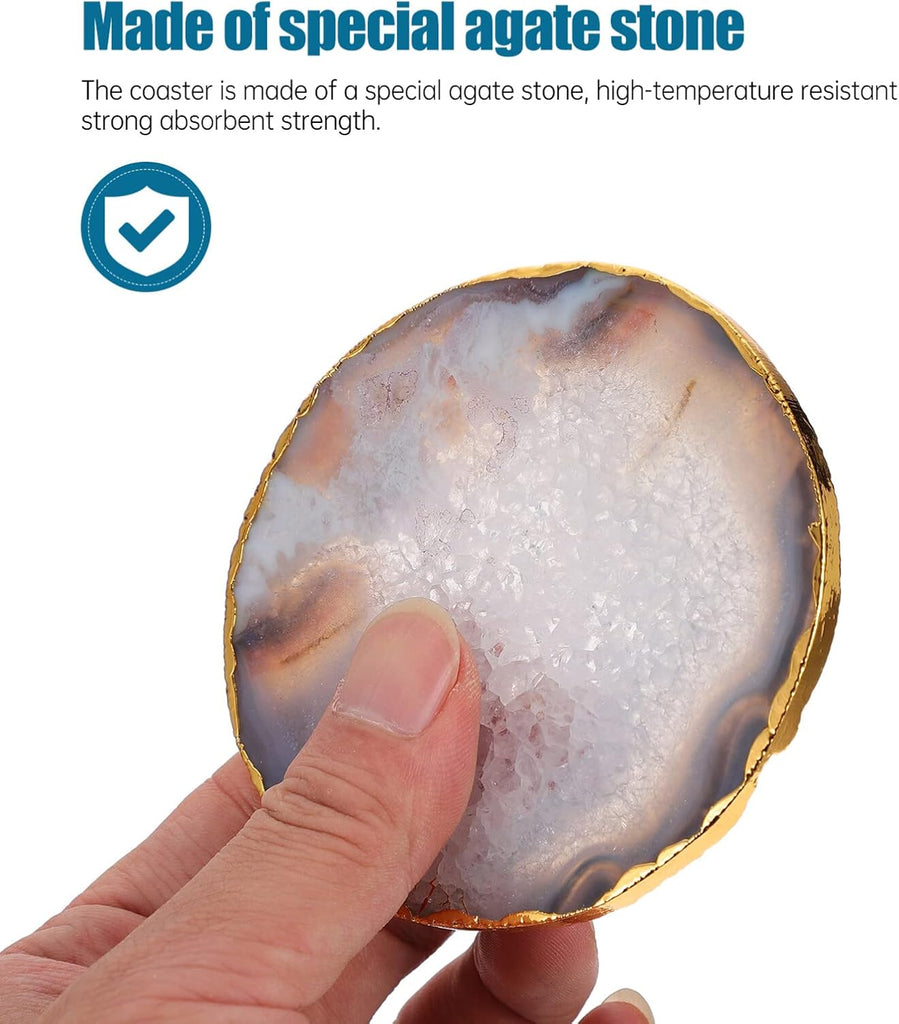 Natural Agate Coaster Golden-Plated Cup Mat for Coffee Tea & Beverage Water-Absorbent Stone Drink Coaster Bar 3.54 X