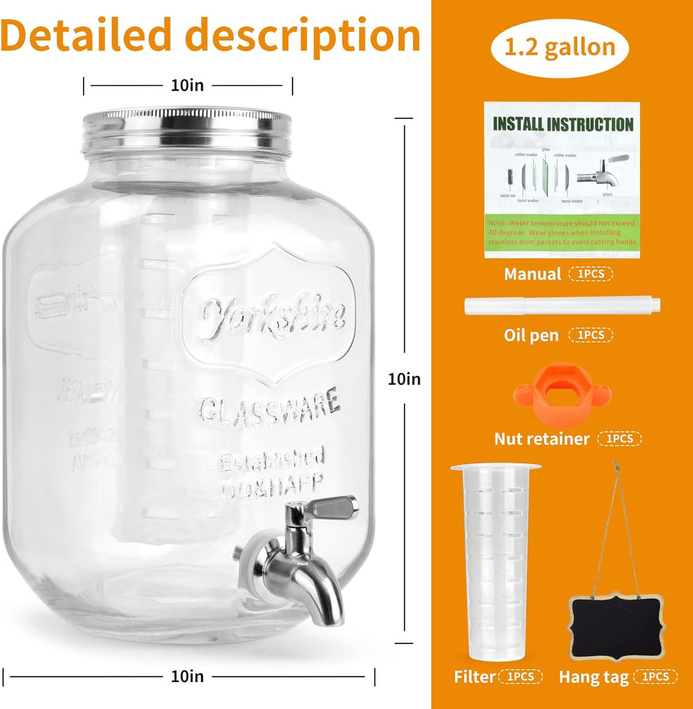 With Stainless Steel Spigot,1.2 Gallon Mason Jar Drink Dispenser,Sun Tea,Lemonade & Juice Dispenser for Parties