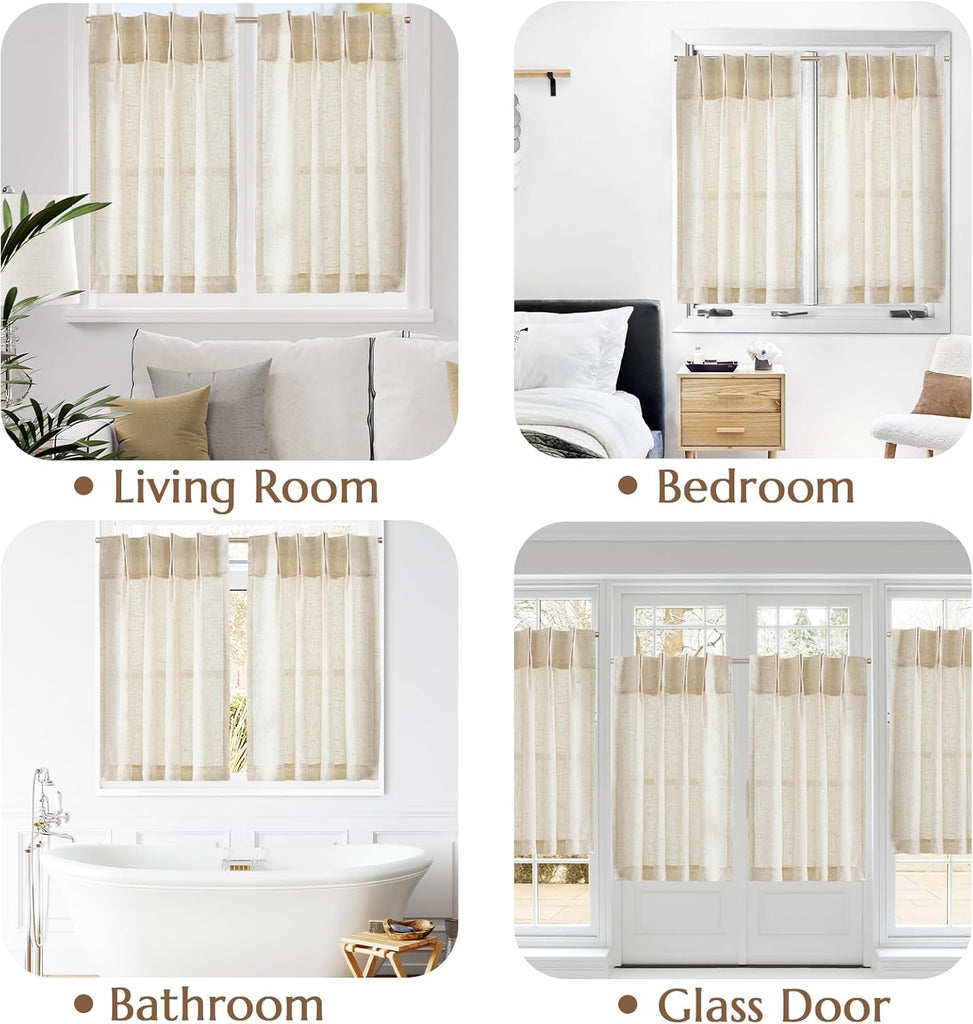 Linen Pinch Pleated Kitchen Curtains 24 Inch 2 Panels Natural Linen Tier Curtains Back Tab Beige Farmhouse Cafe Light