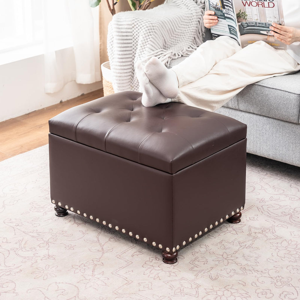 Bonded Leather Square Tufted Storage Footstool, 18" ottoman, Dark Brown