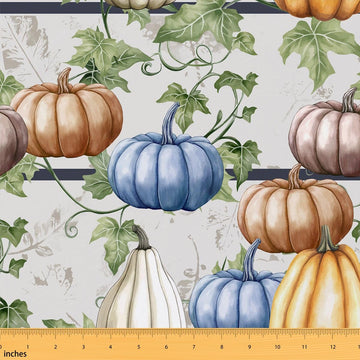 Pumpkin Fabric by The Yard, Fall Leaves Upholstery, Black Stripes Cartoon