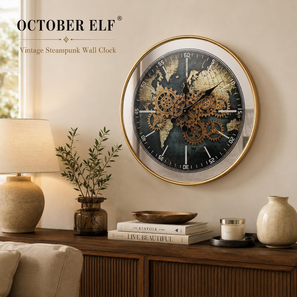 Large Moving Gear World Wall Clock 23 Inch With Mirrored Glass