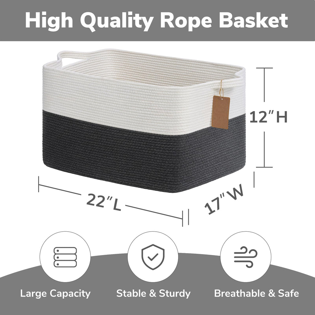 75L Extra Large Woven Rope Blanket Basket, Rectangle, Dark Gray