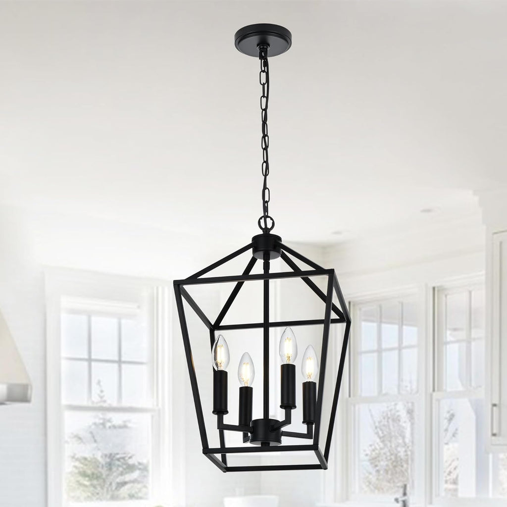 Farmhouse Chandelier 4 Lights Lantern Pendant Light in Black Finish Vintage Openwork Cage Hanging Light Ceiling for Kitchen Island Dining Room Hallway Entryway, E12 Base A128-B0C49K2DX8