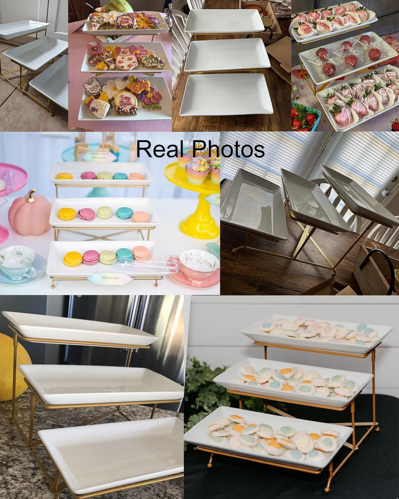 3 Tier Serving Tray, Porcelain Serving Platter Tier Serving Stand | Serving Trays and Platters with Collapsible