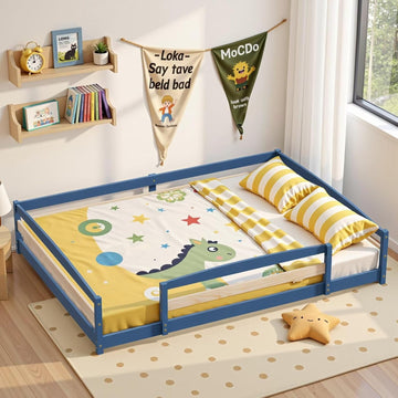 Floor Bed Frame with 2 Openings, Wooden Low Montessori Bed with Safe Guardrails for Boys Girls, Mist Blue