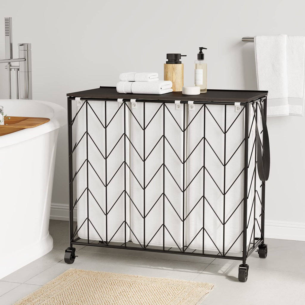 Laundry Hamper 3 Section with Lid, 142L Laundry Basket with Wheels