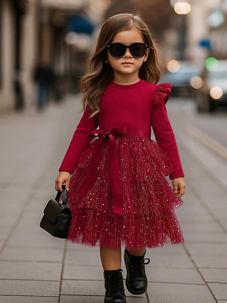 Toddler Dress Girls Ruffle Long Sleeve Layered Tulle Dress Fall Spring Fashion Party Dresses